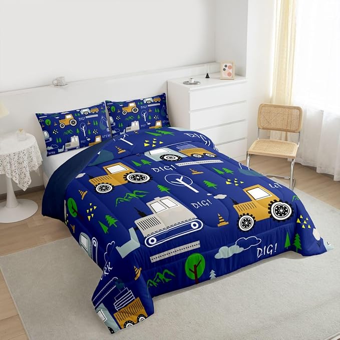 Feelyou Construction Comforter Set All Season Equipment Trucks Bedding Set with 1 Pillow Cases Excavator Tractor Kids Twin Bedclothes Construction Vehicles Bedroom Decor Blue Yellow Duvet Quilt