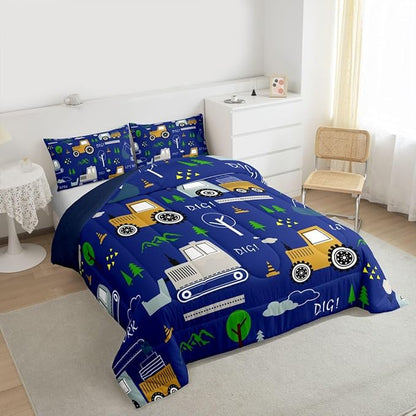 Feelyou Construction Comforter Set All Season Equipment Trucks Bedding Set with 1 Pillow Cases Excavator Tractor Kids Toddler Bedclothes Construction Vehicles Bedroom Decor Blue Yellow Duvet Quilt