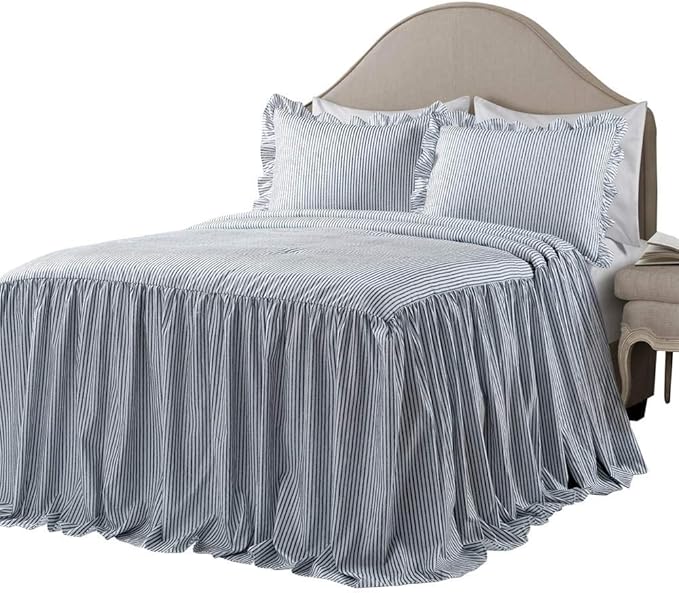 Lush Decor Ticking Stripe Bedspread Full Size 3 Piece Set Navy - Ruffle Bedding Set Full Bedspreads - Kids Bedding - Farmhouse & Coquette Decor