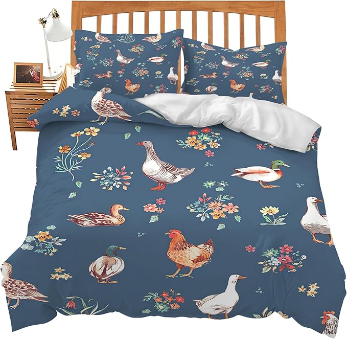 Chicken Duck Goose Theme 3 Pieces Duvet Cover Comforter Set with 2 Pillowcase Twin Size Farm Animal Bed Sheet Quilt Bedroom Bedding for Lover Kids