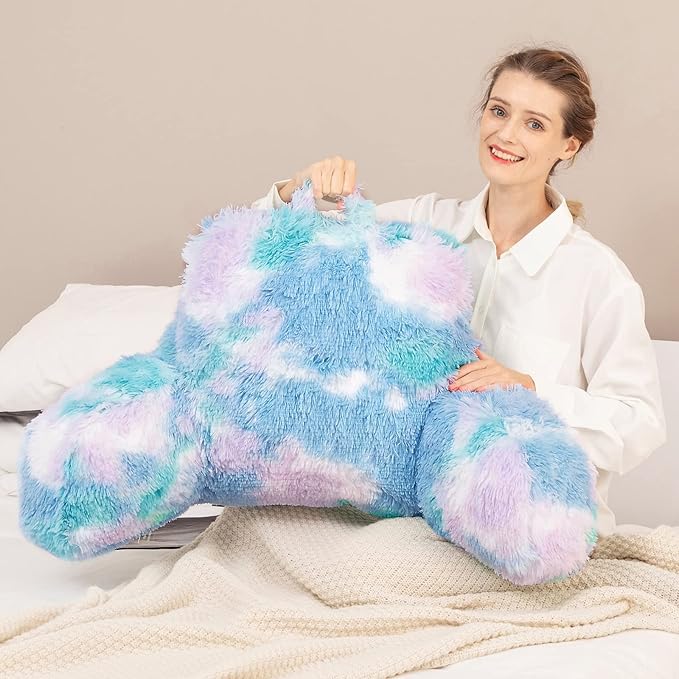 Reading Pillow for Bed Adult - Faux Fur Backrest Pillow with Arms, Ergonomic Back Rest Pillow for Sitting Up in Bed, Extra Fluffy Sit Up Pillow, Students, Teens, Kids Study Pillow, Xmas Gift