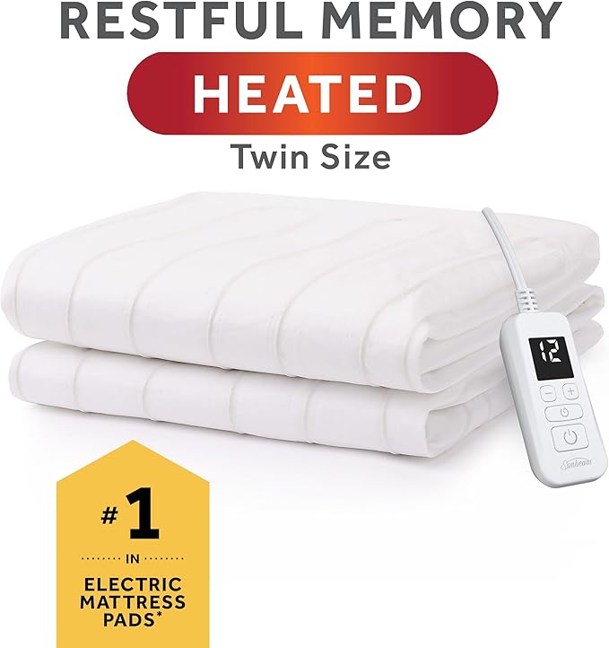 Sunbeam Electric Heated Mattress Pad Soft Cozy Fabric Fast Heating 12 Heat Settings 12-Hour Auto Shut-Off Deep Pocket Skirt Machine Washable Twin 75" x 39"
