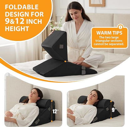 3PCS Wedge Pillow Set for After Surgery, Adjustable 9&12 Inch Bed Wedge Pillow for Sleeping, Incline Pillow Wedge for Headboard, Post Surgery, Acid Reflux, Neck&Back Support, Plush Black