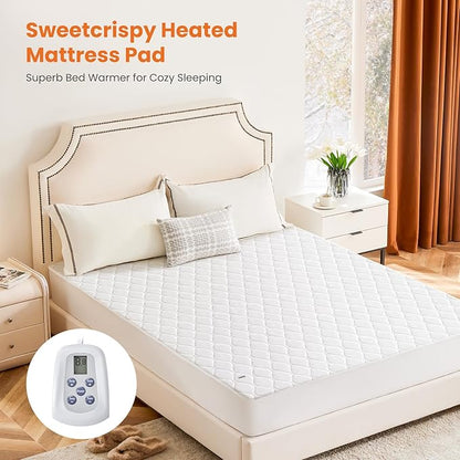 Sweetcrispy Heated Mattress Pad Twin Size (75×39″) – Quilted Electric Bed Warmer with 12 Heat Settings, 10‑Hour Auto Shut‑Off, Machine Washable, ETL Certified – White