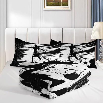 Soccer Comforter Set Sport Themed Black White Printed Bedding Set with 1 Comforter and 2 Pillowcases for Boys and Girls Bedroom All Season(Soccer-3 Full)