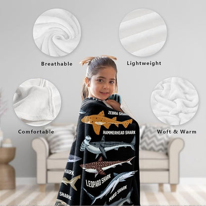 Shark Blanket for Adult Kids Shark Gifts for Shark Lovers Warm Plush Sharks of The World Throw Blanket for Couch Bedding Room Decor Shark Plush Gifts for Boys Birthday Decor 50"x60"-M