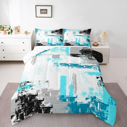 Feelyou Abstract Comforter Set for Girls Boys Kids Modern Abstract Art Comforter Room Decorative Teal Blue White Black Bedding Set Luxury Duvet Set Queen Size 3Pcs Comforter Inner Fill