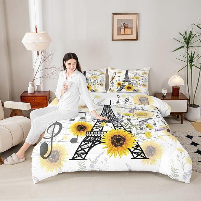 Feelyou Eiffel Tower Kids Comforter Set Cute Sunflower Bed Sheet Set for Boys Children Teens Bedroom Decor Paris Tower Bedding Set Set Floral Music Themed Bed Cover Queen Size with 3 Pillow Case