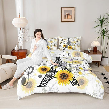 Feelyou Eiffel Tower Kids Comforter Set Cute Sunflower Bed Sheet Set for Boys Children Teens Bedroom Decor Paris Tower Bedding Set Set Floral Music Themed Bed Cover Queen Size with 3 Pillow Case