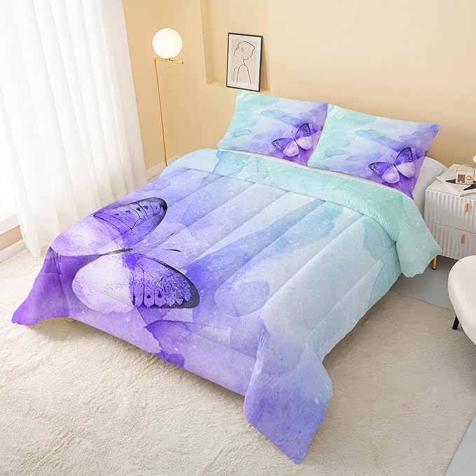 QOOMO Butterfly Comforter Queen Size Set - Watercolor Kids Bedding, 3Pcs With 2 Pillowcases, Down Alternative, Soft and Lightweight for All Seasons