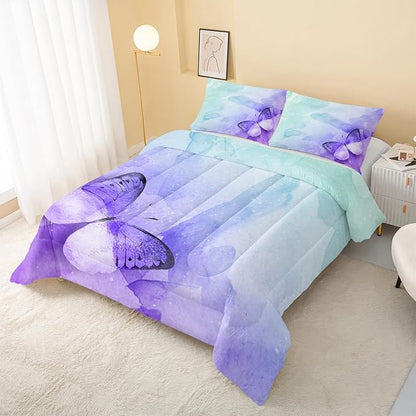 QOOMO Butterfly Comforter Twin Size,Watercolor Butterfly Kids Bedding Set,3Pcs Bedding Set Printed Comforter with 2 Pillowcases,Down Alternative,Soft and Lightweight,for All Seasons