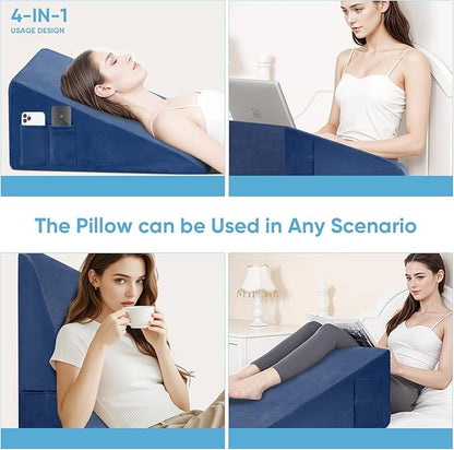 Wedge Pillow, 7.5 Inch Bed Wedge Pillow for Headboard, Pillow Wedge for Acid Reflux Relief, After Surgery, Sleeping，Back Pain Relief, Memory Foam Top, Blue