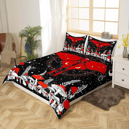 Moth Duvet Cover Set King Size,Trippy Red Mushroom Plant Comforter Cover with 2 Pillowcases,3 Piece,Stars Moon Galaxy Space Bedding Set for Adult Young Bedroom Xmas Gift