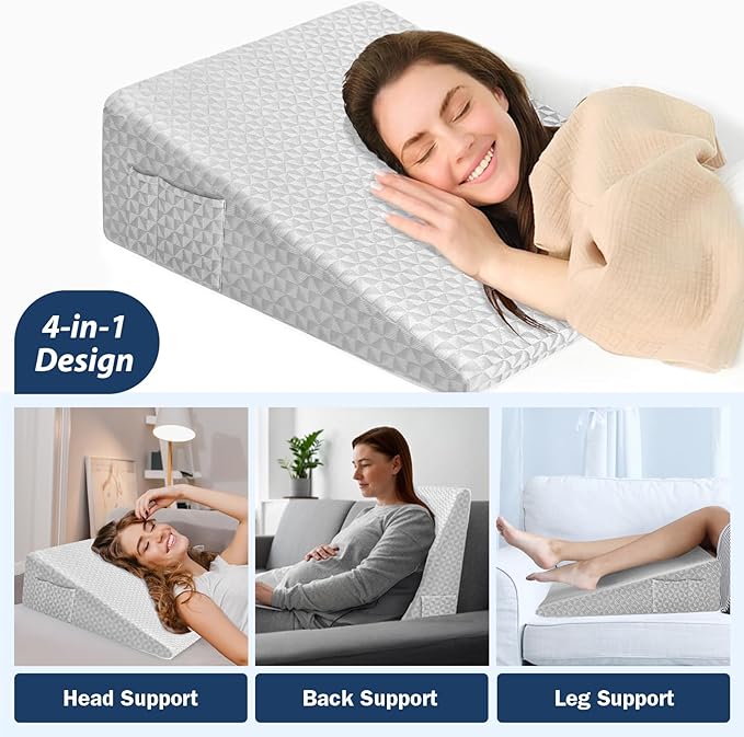 12" Wedge Pillow for Sleeping, Bed Wedge After Surgery, Back Pain Relief, Memory Foam Pillow Triangle Incline Wedge for Back Support, Leg Elevation (Light Grey)