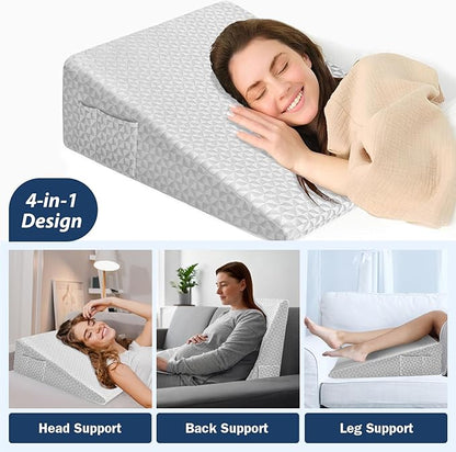 12" Wedge Pillow for Sleeping, Bed Wedge After Surgery, Back Pain Relief, Memory Foam Pillow Triangle Incline Wedge for Back Support, Leg Elevation (Light Grey)