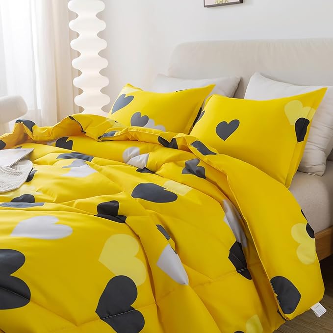 Caressma 3 Pieces Full Size Comforter Set for Boys Farmhouse Yellow Bedding Set with Black Heart All Season Fluffy Soft Lightweight(1 Comforter & 2 Pillowshams)