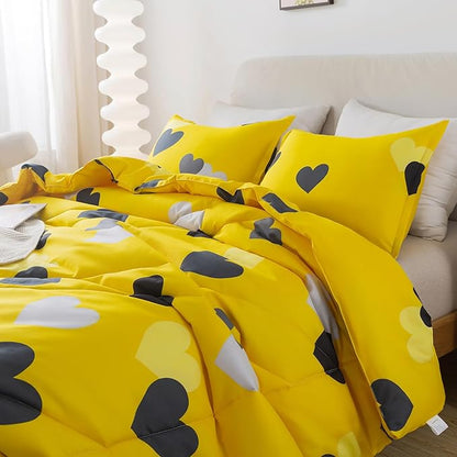 Caressma Farmhouse Yellow King Size Comforter Set 3 Pieces Bedding Set with Black Heart All Season Fluffy Soft Lightweight(1 Comforter & 2 Pillowshams)