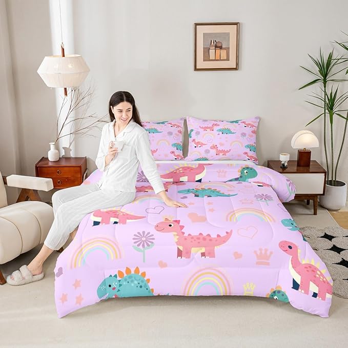 Castle Fairy Kawaii Dino Kids Comforter Set King Size,Cute Rainbow Floral Love Heart Reversible Bedding Set All Season Quilt,Pink Blue Dinosaur Lovely Animal Microfiber Polyester Down Comforter