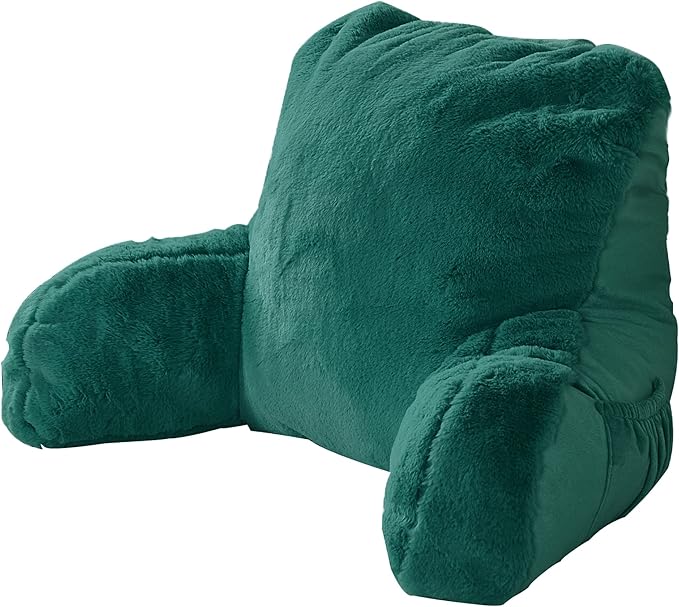 Plush Faux Fur Backrest Reading Bed Rest Pillow with Arms and Pockets for Sitting in Bed Couch Sofa, Back Support Wedge Cushion with Removable Cover, 20" x 18" x 17", Teal Green