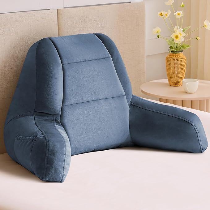 Reading Pillows for Sitting in Bed Adult, Back Pillow for Bed Sitting Up, Backrest Pillows with Shredded Foam for Adult&Teens, Support Pillow with Arms for Beds, Couch, Floor, 24in, Navy Blue