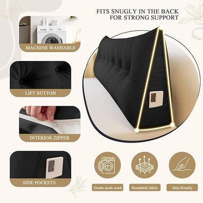 Headboard Pillow King, Large Triangular Wedge Headboard Pillow for Reading and Resting, Backrest Positioning Support Pillow with Removable Cover (Black)