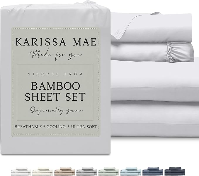 KARISSA MAE Cooling Bamboo Viscose Split King Sheet Set | 100% Organically Grown | 18” Deep Pocket | Silky, Soft, & Hypoallergenic | with Organizer Band & Elastic Corner Straps [White]