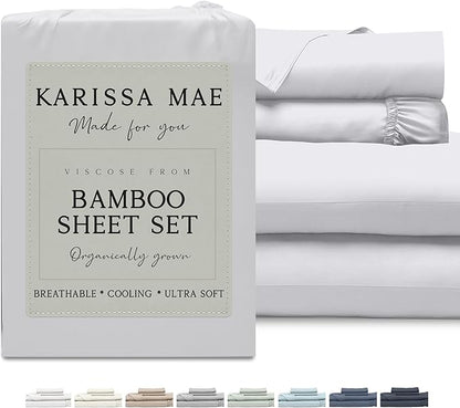 KARISSA MAE Cooling Bamboo Viscose Queen Size Sheet Set | 100% Organically Grown | 18” Deep Pocket | Silky, Soft, & Hypoallergenic | with Organizer Band & Elastic Corner Straps [White]