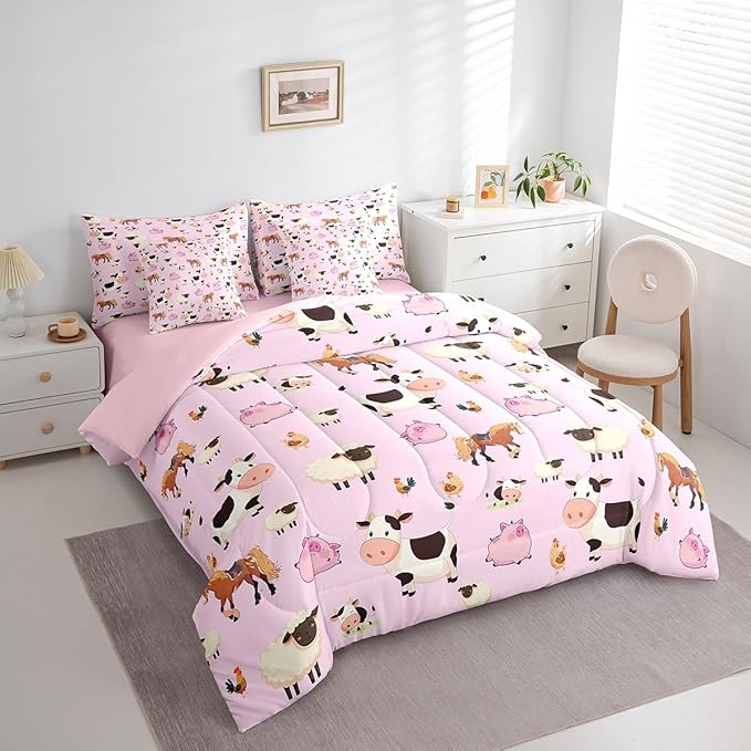 Feelyou Full Size Farm Animal Comforter Set with Sheets Boys Girls Cartoon Animals 7 Piece Bedding Set for Kids Pink Bed in a Bag Funny Country Theme Bed Set