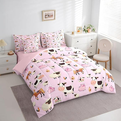 Feelyou Full Size Farm Animal Comforter Set with Sheets Boys Girls Cartoon Animals 7 Piece Bedding Set for Kids Pink Bed in a Bag Funny Country Theme Bed Set