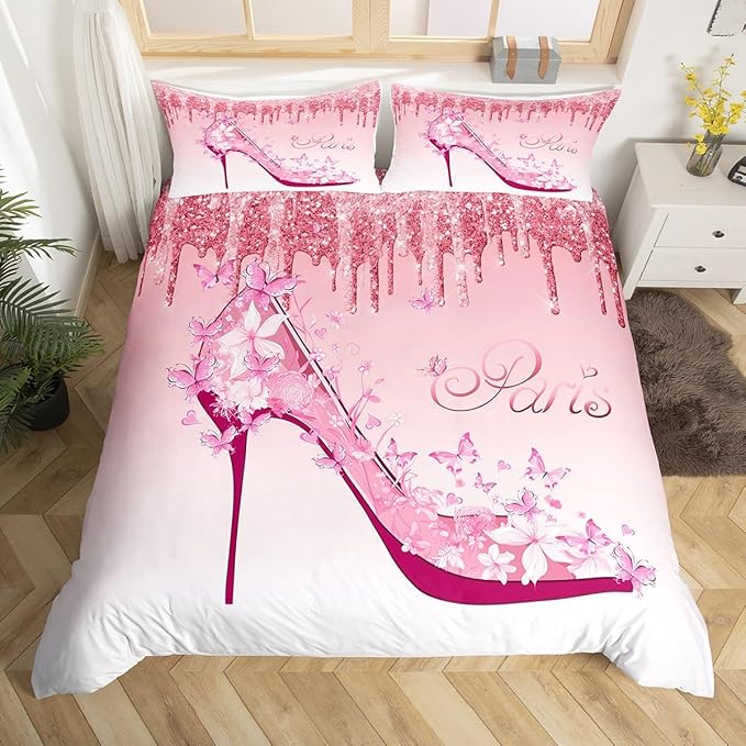 Woman Pink Paris Bedding Set King Size,Flowers Butterfly High Heels Print Duvet Cover 3Pcs,Kids Girls Fashion Glitter Comforter Cover Romantic Modern Quilt Cover Bedroom Decor,2 Pillowcases