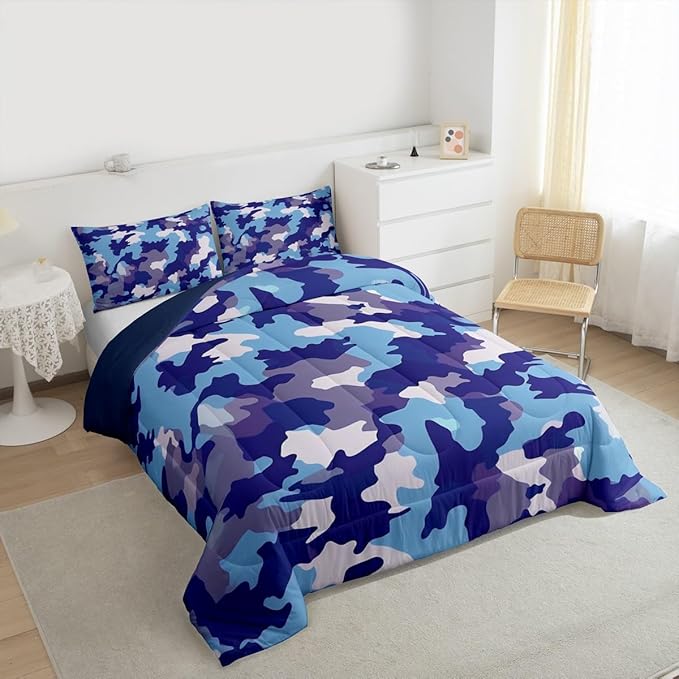 Camouflage Print Kids Comforter Set Queen Size,Blue Gray Purple Reversible Bedding Set for Adult,Army Camo Pattern Abstract Luxury Bed Duvet Insert,2 Pillowcases