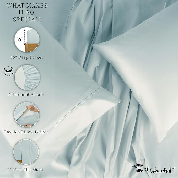 URBANHUT 100% Cotton 1000 Thread Count Twin Bedsheet Set, Long Staple Sheets, Soft & Breathable, 4 Pc Bed Sheet Sets, Luxury Hotel Sateen Sheets Fits 16" Deep Pocket - Light Blue