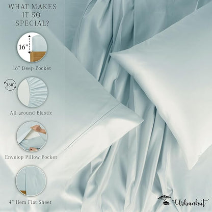 URBANHUT 100% Cotton 1000 Thread Count Twin Bedsheet Set, Long Staple Sheets, Soft & Breathable, 4 Pc Bed Sheet Sets, Luxury Hotel Sateen Sheets Fits 16" Deep Pocket - Light Blue