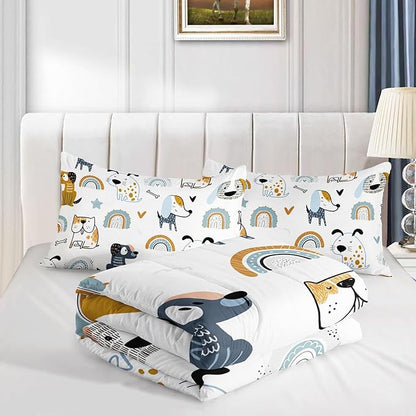 Cartoon Dog Comforter Set Rainbow Bones Printed Bedding Set with 1 Comforter and 2 Pillowcases for Boys and Girls Bedroom All Season(Dog Full)