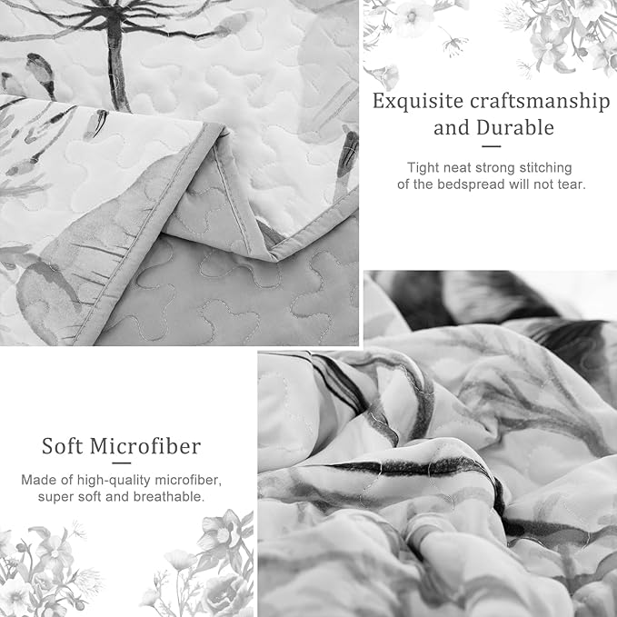 Floral Quilt Set Queen 3 Pieces Grey Floral Quilt Coverlet Set Soft Microfiber Lightweight White Quilted Bedspread for All Season 90"x96"