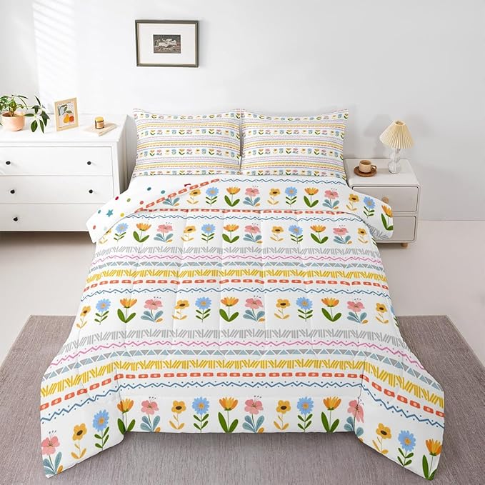 Castle Fairy Boho Floral Kids Comforter Set Queen Size,Watercolor Groovy Flowers Christmas Reversible Bedding Set for Adult,Tribal Aztec Stripes Luxury Bed Duvet Insert,2 Pillowcases