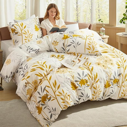 100% Cotton Duvet Cover Set King Size, Yellow Floral Bedding Set 3 Pcs Reversible Lightweight Comforter Cover for All Season(King, Yellow Botanical)