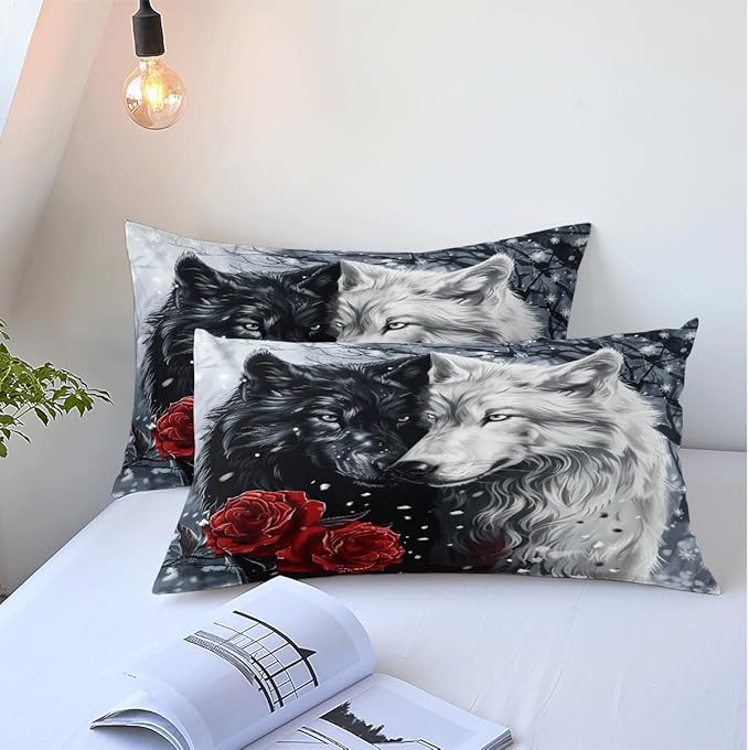 Kids Teens Bedding Cover Set Full Size 3 Pieces Soft Cozy Comforter Cover Set Vibrant Black and White Colors Wolf Print Red Rose Design Microfiber Duvet Cover Set,Full