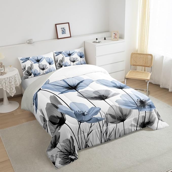 Erosebridal Blue Floral King Bedding Set,Blue and Gray Flower Comforter Set for Kids Girls Women,Vintage Flowers Quilt,Rustic Country Wildflower Bedroom Decor with 2 Pillowcases,Lightweight