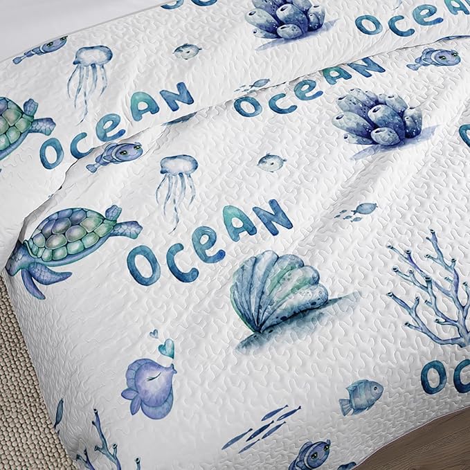 King Quilt Bedding Set 3 Pieces,Sea Turtle Shell Coral Pattern Bed Sets for Room Coastal Decor,Ocean Themed Bedding Summer Quilt with 2 Pillowcases.