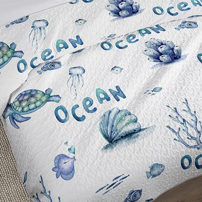 King Quilt Bedding Set 3 Pieces,Sea Turtle Shell Coral Pattern Bed Sets for Room Coastal Decor,Ocean Themed Bedding Summer Quilt with 2 Pillowcases.