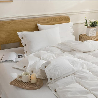 JELLYMONI Cotton Duvet Cover Oversized Queen Size - Bright White Comforter Cover with Button 100% Washed Cotton 3PCS Breathable Soft Solid Bedding Set Duvet Cover 98×98in & 2 Pillowcases (NO Insert)