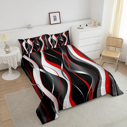 Feelyou Red Grey Black Comforter Set Geometric Spiral Pattern Duvet Set for Kids Boys Girl Modern Abstract Inner Fill Bedding Set Grey White Comforter 1 Comforter Set with 1 Pillowcase Twin Size