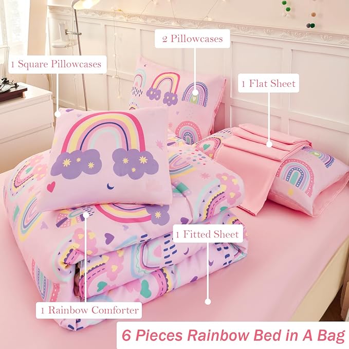 ANGIYUIN 6Pcs Girls Rainbow Comforter Set Queen Size Cute Clouds Kids Bedding Set Love Hearts and Stars Kid Bed Set for Girl Soft Lightweight Bed in A Bag with Sheets, Pink, Queen