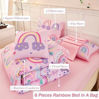 ANGIYUIN Colorful Rainbow Twin Size Comforter Set for Girls Cartoon Clouds Love Hearts Bedding Set with Sheets 6Pcs Kids Bed in A Bag, Pink, Twin