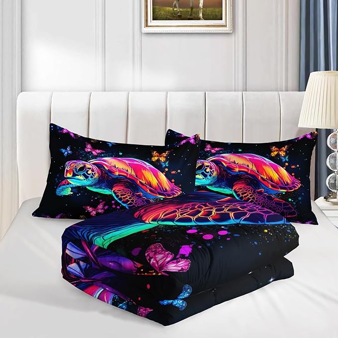 Colorful Sea Turtle Bedding - Full Size Comforter Set with 2 Pillowcases, Butterflies Print for Kids Teens Room Decor, Fantasy Sea World Beach Themed