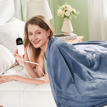 Electric Heated Blanket, Flannel & Sherpa Fast Heating Soft Fleece Heated Queen Blanket 84"x90" with 6 Heating Levels & 10H Auto Off - Blue