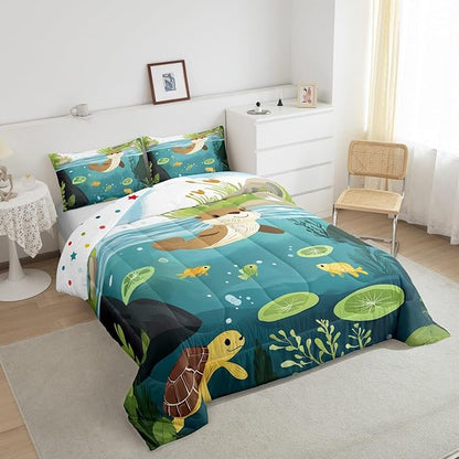 Cartoon Otter Kids Bedding Sets Cute Turtle Fish Wild Animals Comforter Set for Boys Girls Teens Green Lotus Leaf Natural Scenery Rustic Comforter Duvet Set with 2 Pillowcases Full Size 3 Pcs