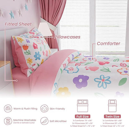 SANDJEST Floral Full Bedding Sets for Girl, Ultra Soft Microfiber Comforter Bed Set with 4-Pieces, Flower Comforters Sets for Kids Children Girl Teen Tween Bedroom Decor
