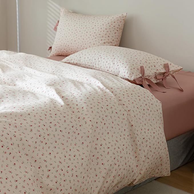 AOJIM Aesthetic Floral Print Duvet Cover for Kids Adults, Pure Cotton Comforter Cover Set 3pcs, 1 Soft Bedding Duvet Cover Queen Size with Zipper Closure and 2 Pillowcases with Bowknot for Room Decor